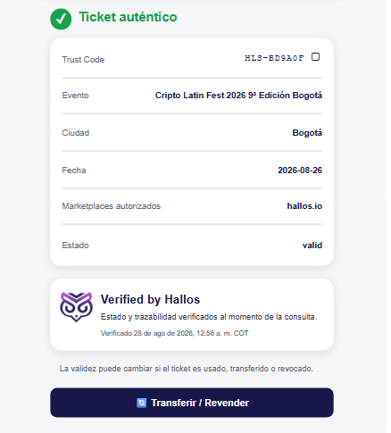 Hallos ticket verification interface showing an authentic ticket.